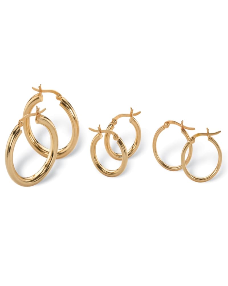 Front of a size One Size 3-Pair Set 18k Gold-Plated Sterling Silver Polished Hoop Earrings in Yellow by PalmBeach Jewelry. | dia_product_style_image_id:297068